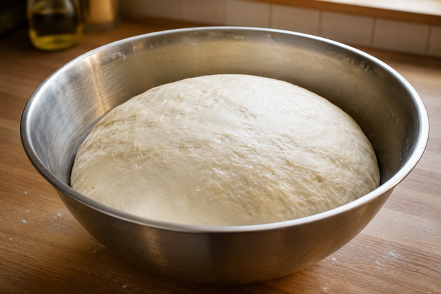 pâte à pizza levée et gonflée dans un saladier