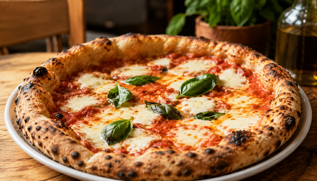 Pizza margherita napolitaine authentique au cornicione gonflé, mozzarella fondante et basilic frais