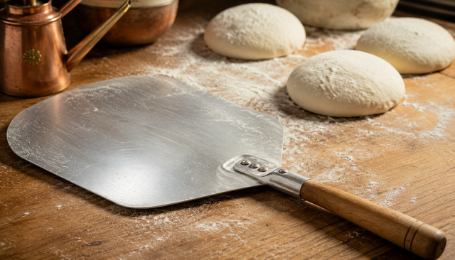 Pelle à pizza en aluminium à manche en bois posée sur un plan de travail fariné avec des pâtons