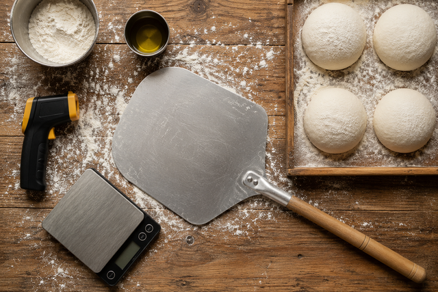 Accessoires indispensables pour pizza maison disposés à plat : pelle, thermomètre infrarouge, balance et boules de pâte