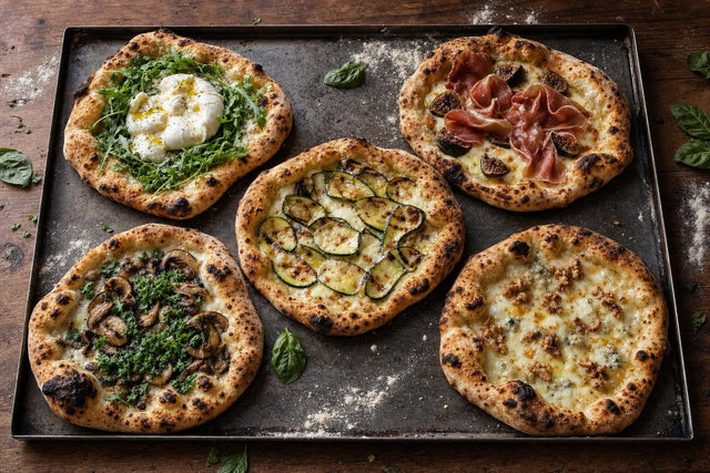 Cinq pizzas maison aux garnitures originales sortant du four : burrata roquette, figue et jambon cru, courgette grillée, champignons, gorgonzola et noix