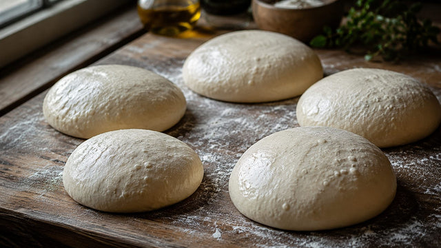 Cinq boules de pâte à pizza en maturation longue sur une planche en bois farinée, ambiance trattoria italienne