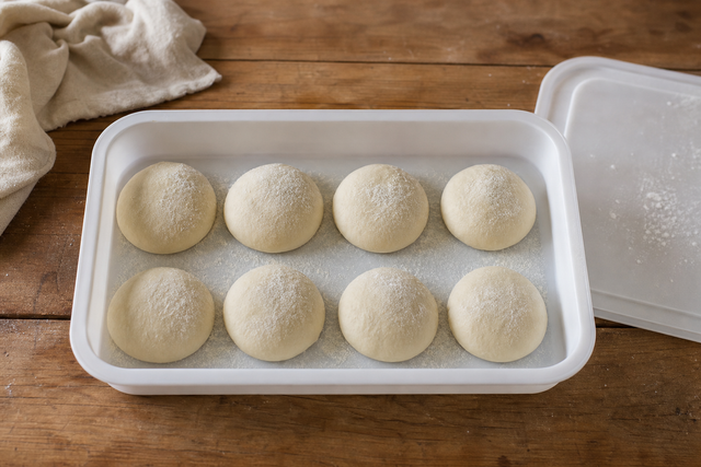 Caisse à pâtons pizza remplie de boules de pâte prêtes pour la maturation
