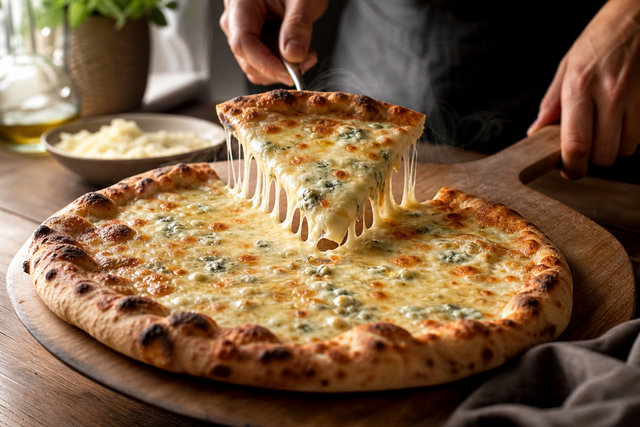 Pizza 4 fromages italienne dorée sortie du four, fromages fondus filants