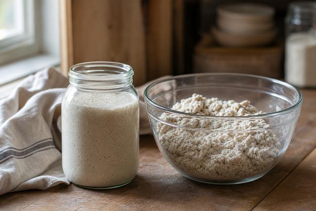 Poolish liquide et bulleuse à côté d'une biga ferme et grumeleuse