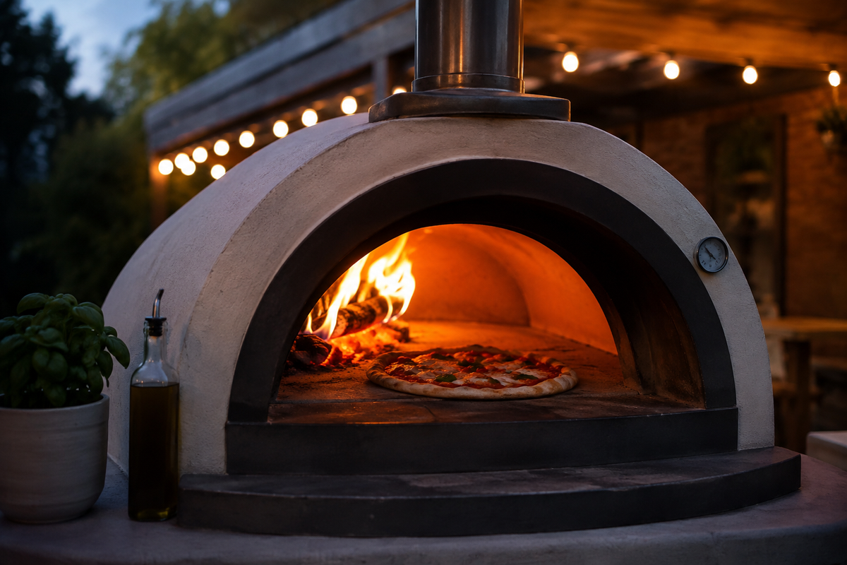 Four à pizza extérieur allumé avec une pizza dedans