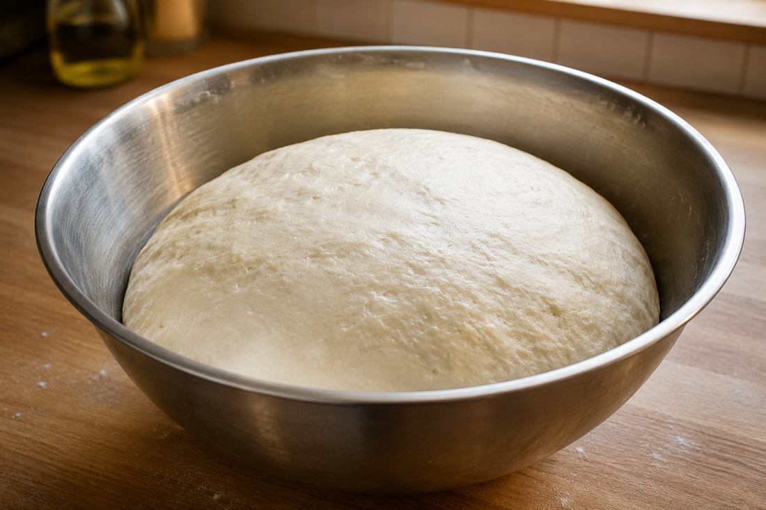 pâte à pizza levée et gonflée dans un saladier