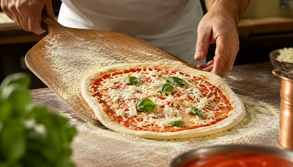 Pizza crue prête à enfourner sur une pelle à pizza en bois saupoudrée de semoule pour éviter qu'elle colle