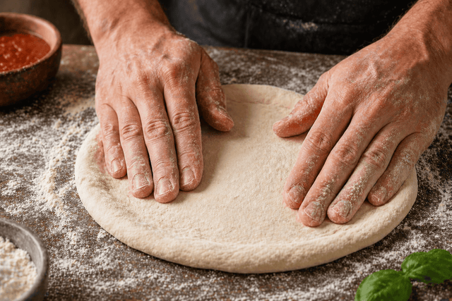 Pizzaiolo étalant à la main une pâte à pizza sur un plan de travail fariné