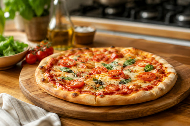 Pizza maison réussie avec une pâte à pizza rapide, sur planche en bois