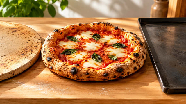 Pierre réfractaire et plaque acier côte à côte avec une pizza margherita cuite