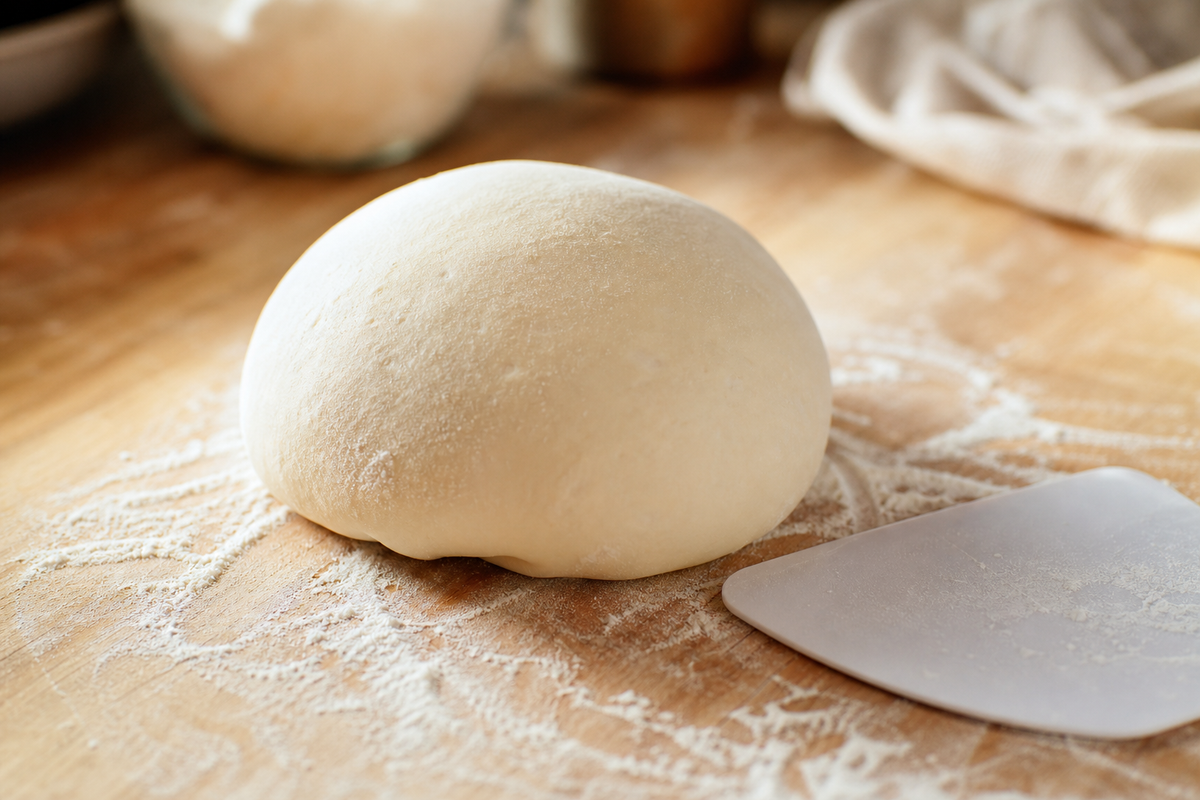 Pâte à pizza pétrie à la main sur un plan de travail, gluten développé et surface lisse