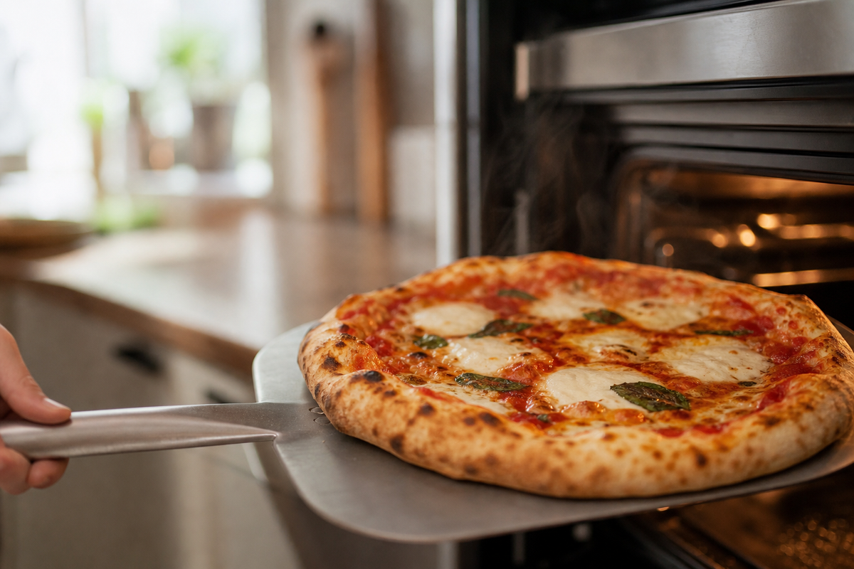 Pizza dorée sortant du four, illustration du temps de cuisson pizza idéal
