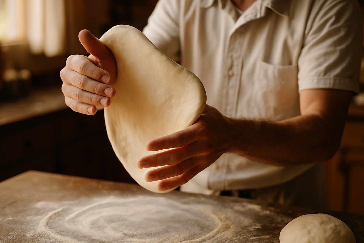 Pizzaiolo étirant un pâton à la main selon la technique du schiaffo napolitain