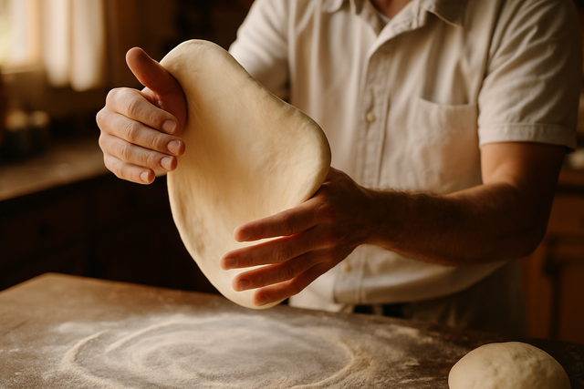 Pizzaiolo étirant un pâton à la main selon la technique du schiaffo napolitain