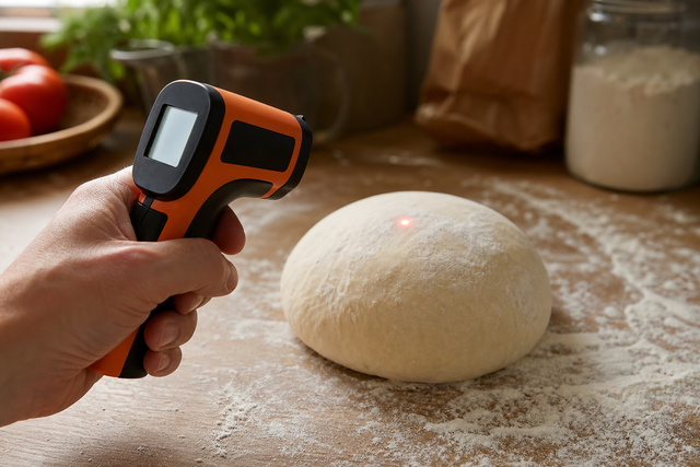 Thermomètre infrarouge mesurant la température d'un pâton de pâte à pizza fraîche