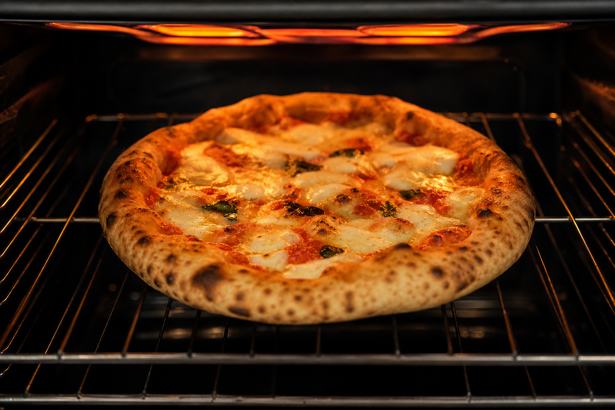 Pizza terminée sur une grille en haut d'un four ménager, fromage fondu et cornicione coloré