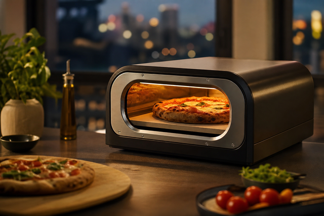 Four à pizza électrique compact en cuisson sur un plan de travail d'appartement