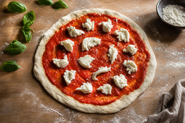 Pizza crue en cours de garnissage : sauce en spirale, mozzarella en îlots, bord laissé nu