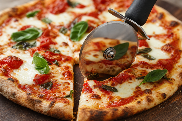 Roulette à pizza inox coupant une margherita en une seule passe nette