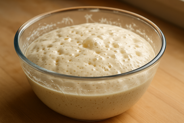 Poolish de pâte à pizza en pleine fermentation, couverte de bulles