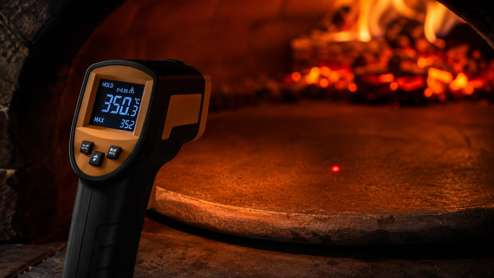 Thermomètre infrarouge laser mesurant 350°C sur la pierre d'un four à bois pour pizza, point laser rouge visible