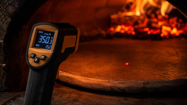 Thermomètre infrarouge laser mesurant 350°C sur la pierre d'un four à bois pour pizza, point laser rouge visible