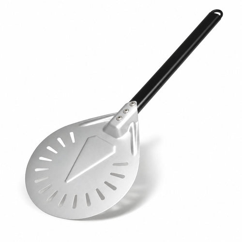 Pelle à pizza tournante perforée Ø 23 cm à manche noir, vue de trois-quarts
