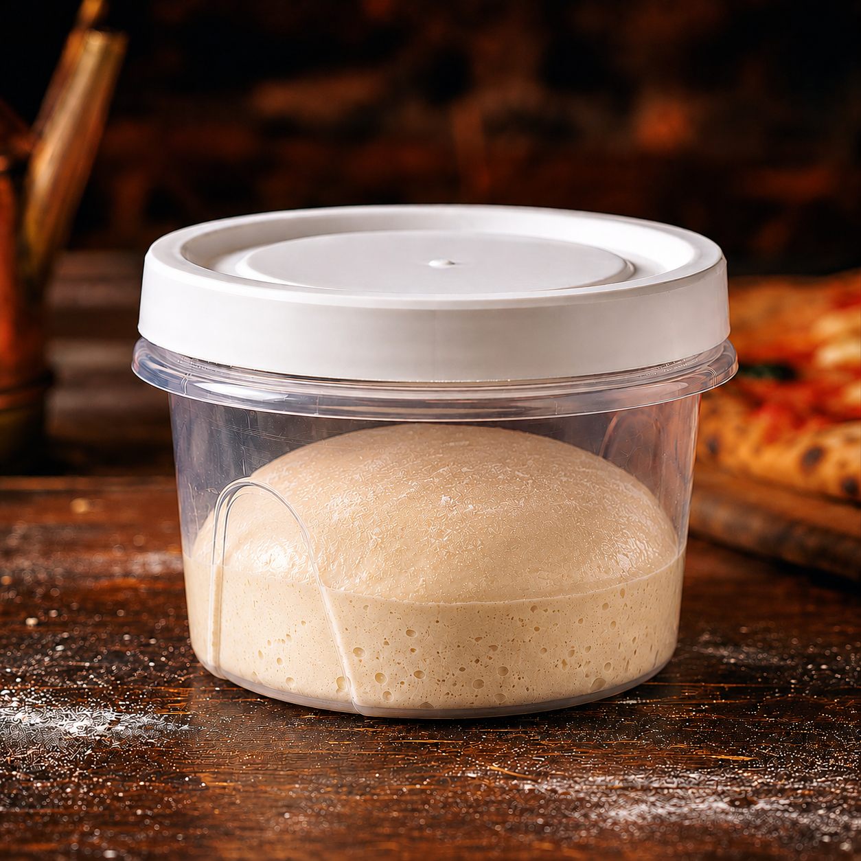 Bac à pâton avec une boule de pâte à pizza en fermentation, bulles visibles