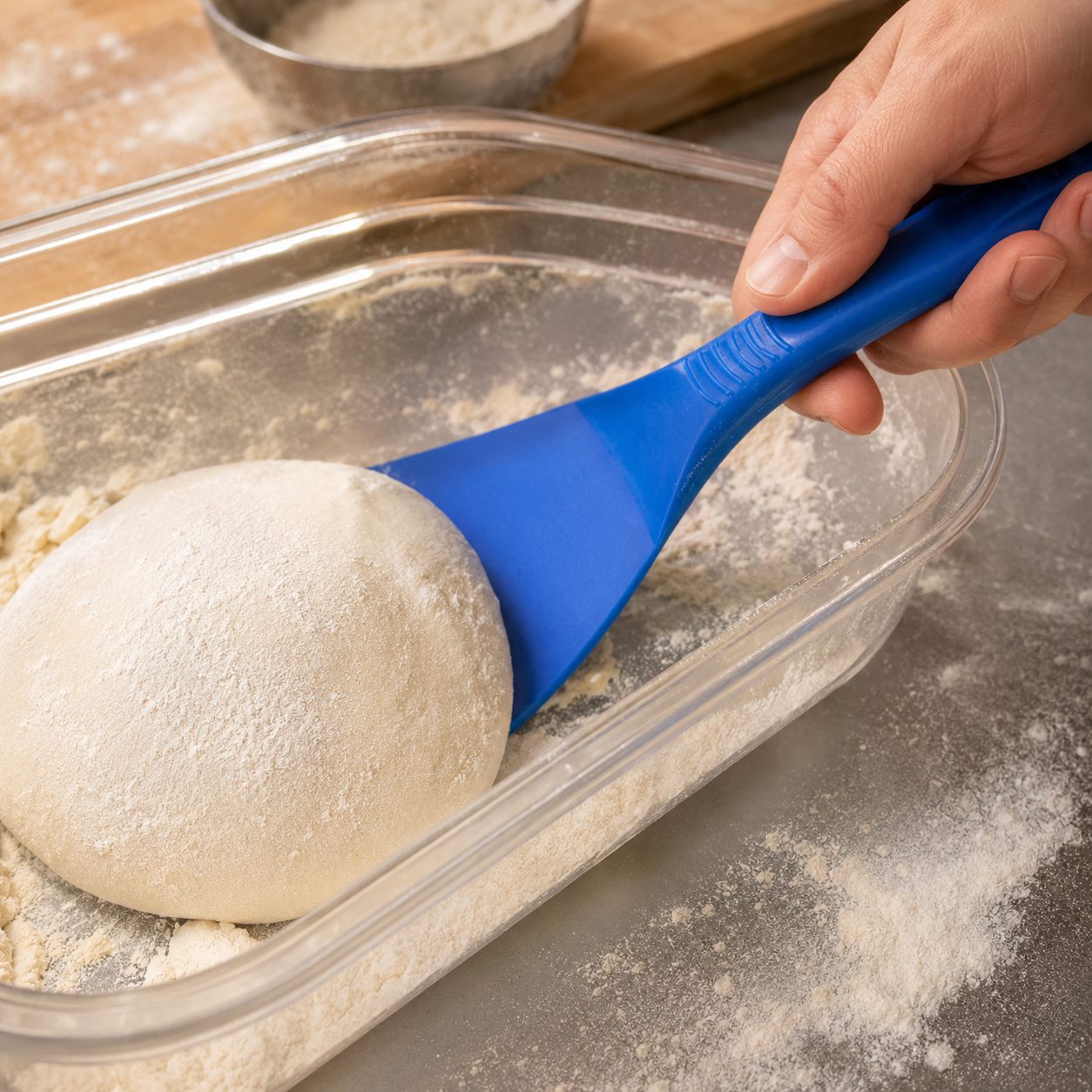 Spatule souple bleue soulevant un pâton de pizza fariné dans un bac à pâte