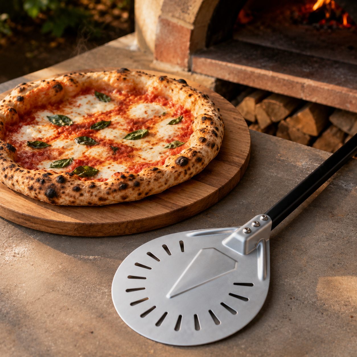 Pizza napolitaine dorée et pelle à pizza tournante près d'un four à bois