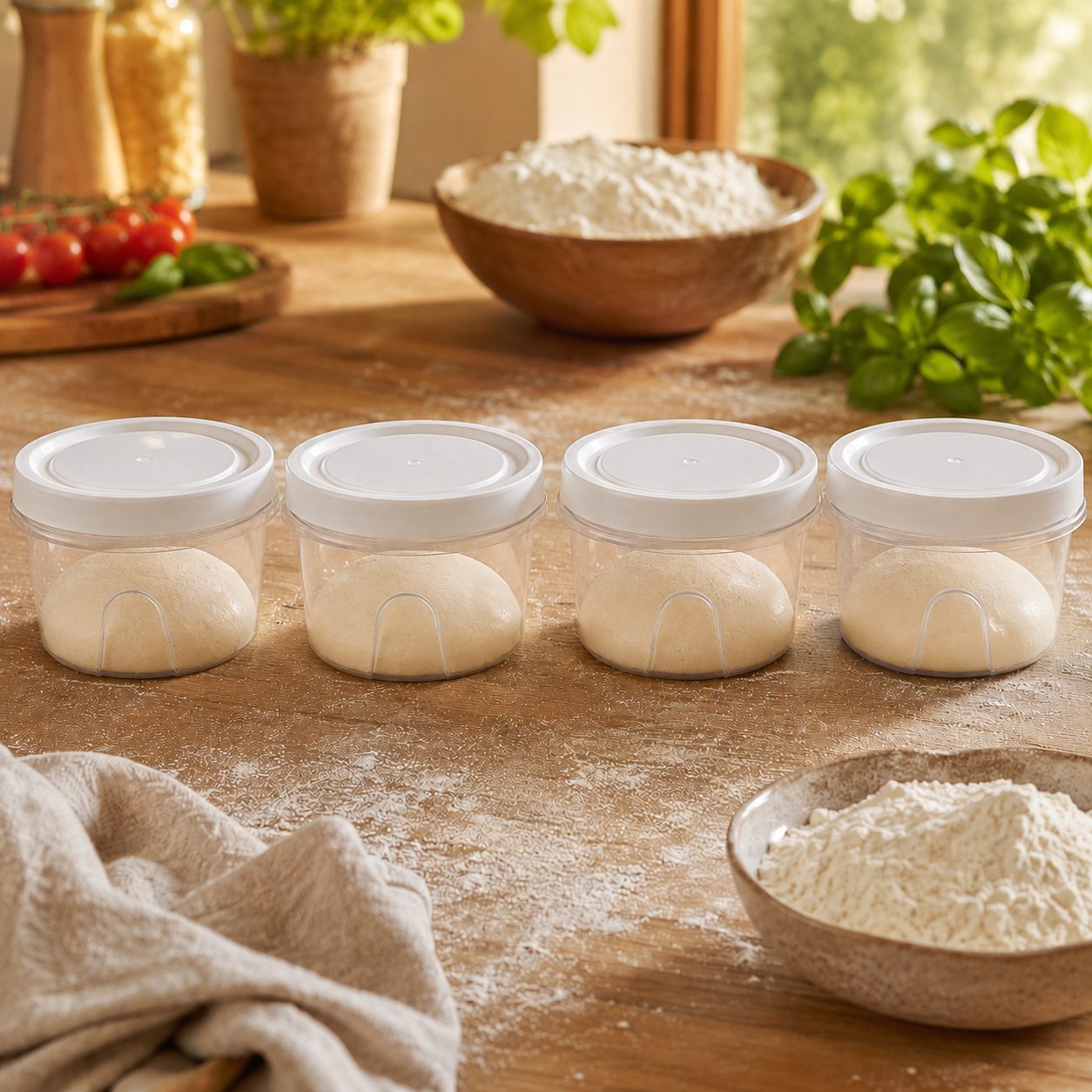 Set de bacs à pâtons alignés avec pâtons farinés, préparation pizza