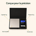 Caractéristiques : précision 0,1 g, capacité 1 kg, fonction tare, acier inoxydable