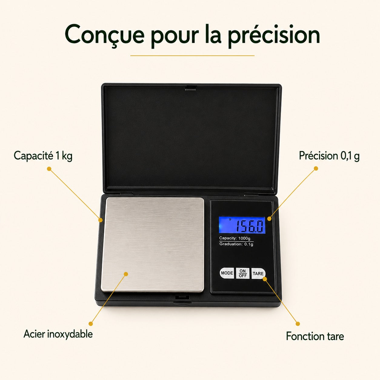 Caractéristiques : précision 0,1 g, capacité 1 kg, fonction tare, acier inoxydable