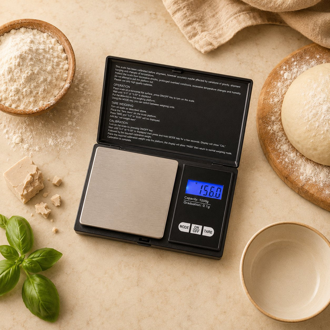 Balance de précision entourée de farine, levure et pâte à pizza, vue du dessus