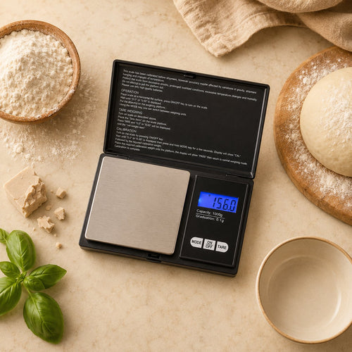Balance de précision entourée de farine, levure et pâte à pizza, vue du dessus