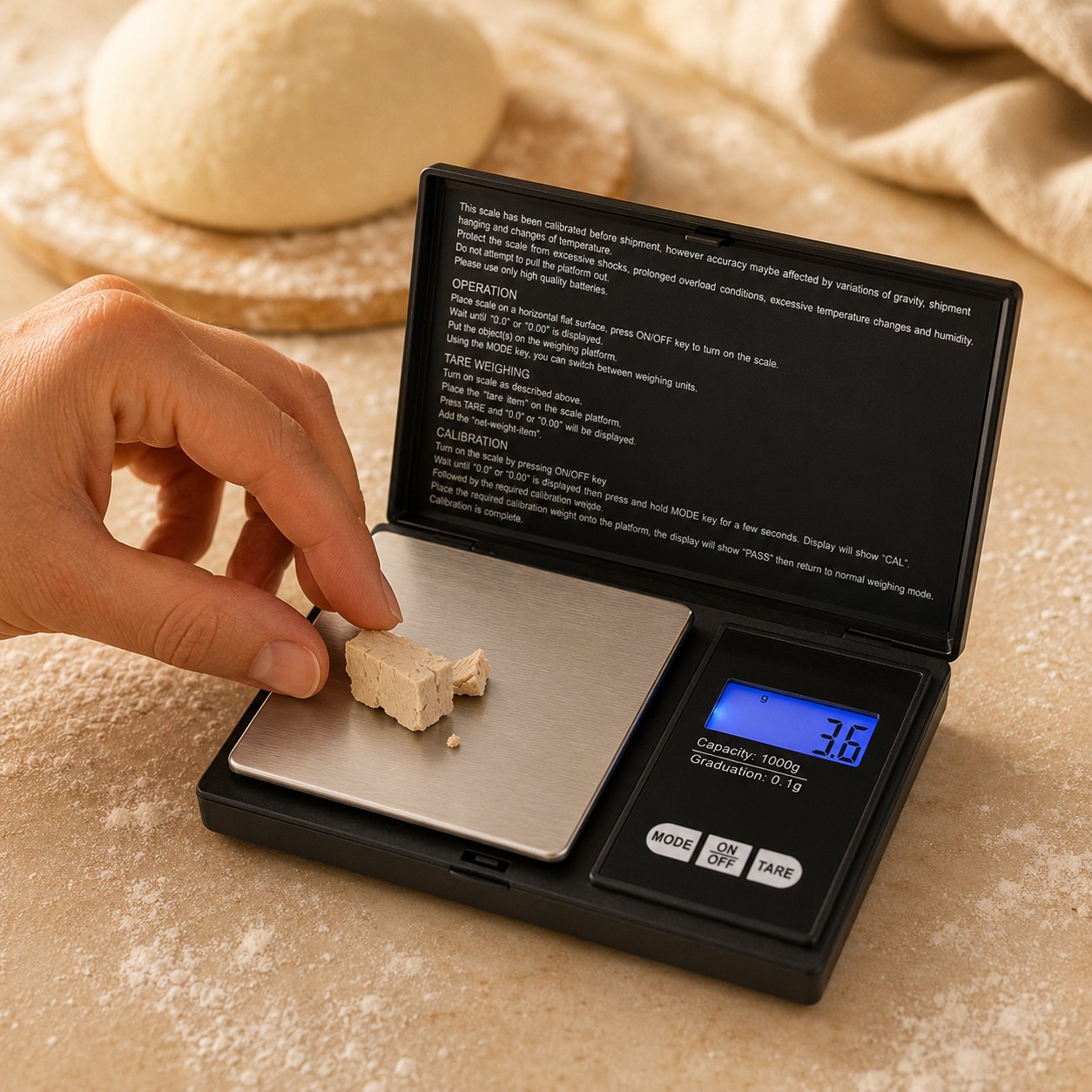 Balance pesant 3,6 g de levure fraîche pour une pâte à pizza précise