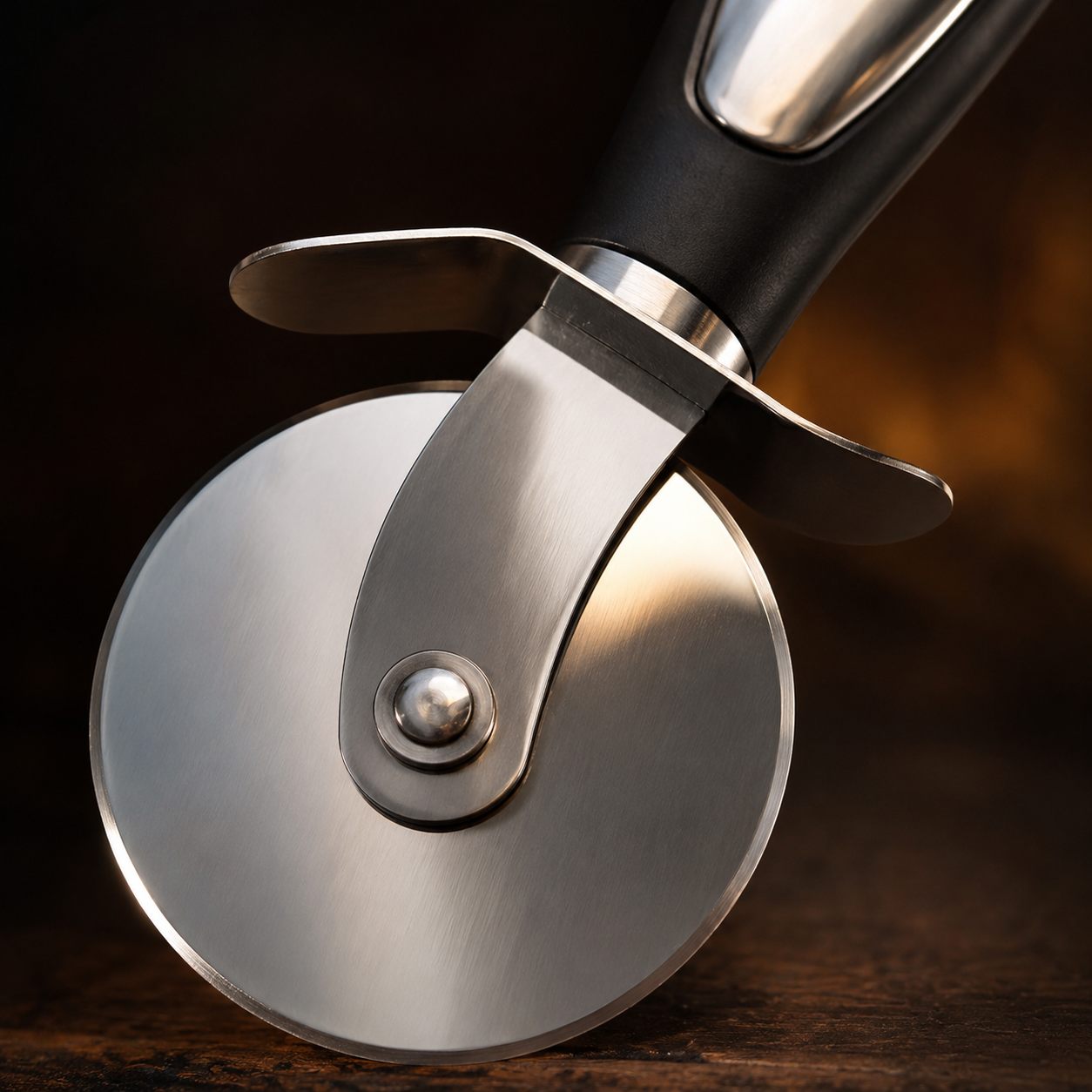 Gros plan de la roue inox de la roulette à pizza