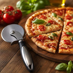 Roulette à pizza posée près d'une pizza coupée en parts