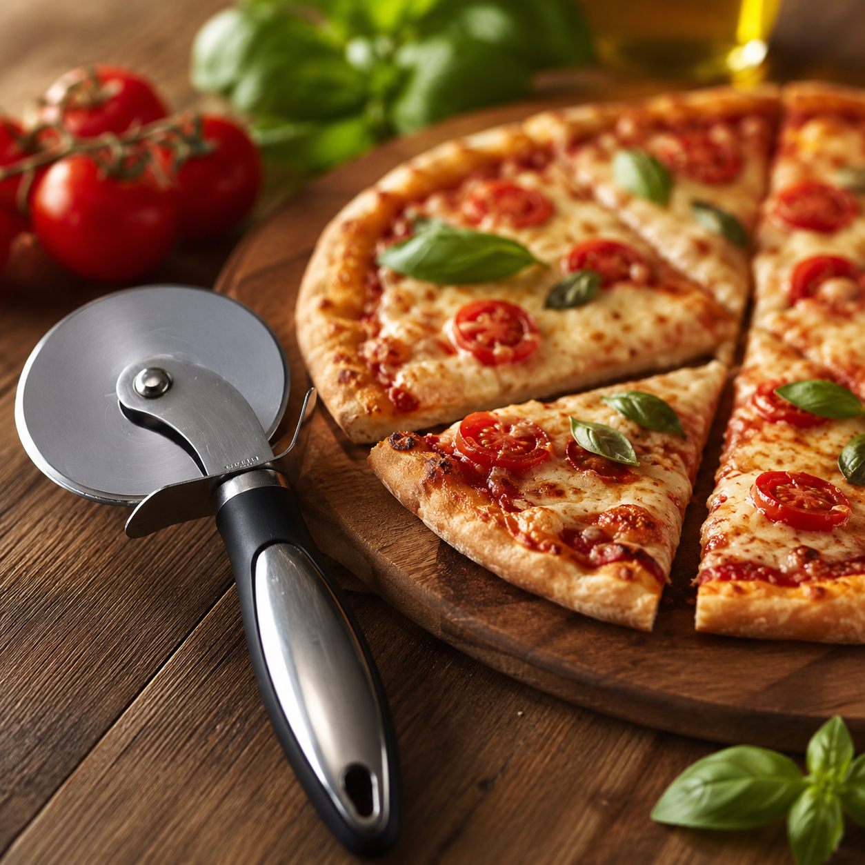 Roulette à pizza posée près d'une pizza coupée en parts