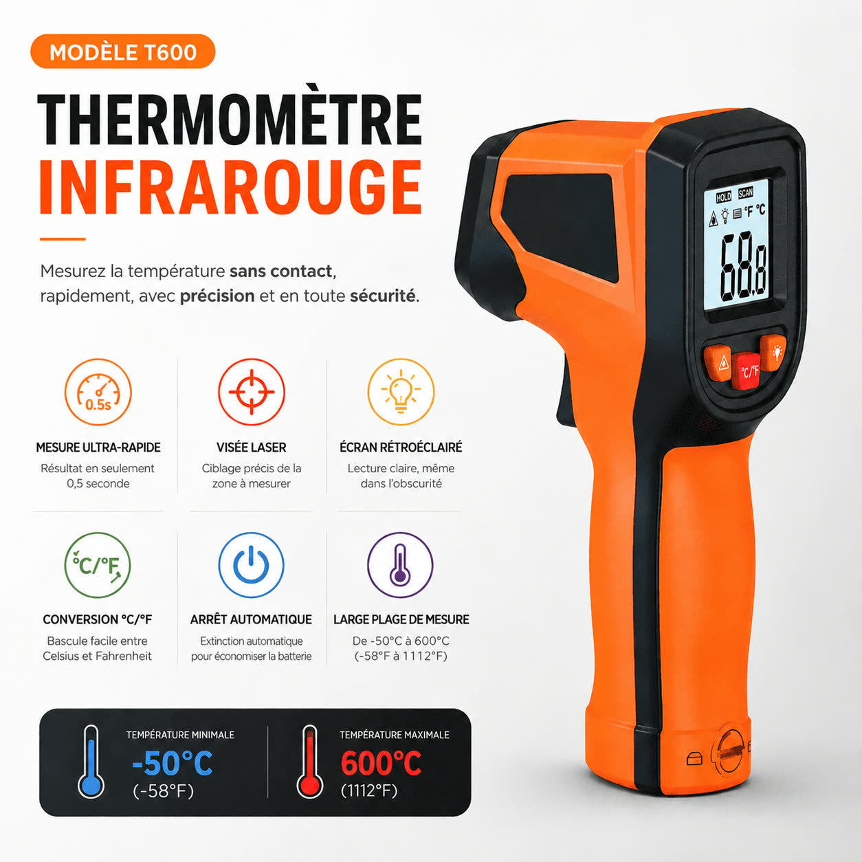 Thermomètre infrarouge pour four à pizza — caractéristiques (mesure sans contact, -50 à 600°C)