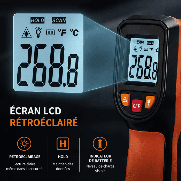 Écran LCD rétroéclairé du thermomètre infrarouge Pizzamateur affichant la température