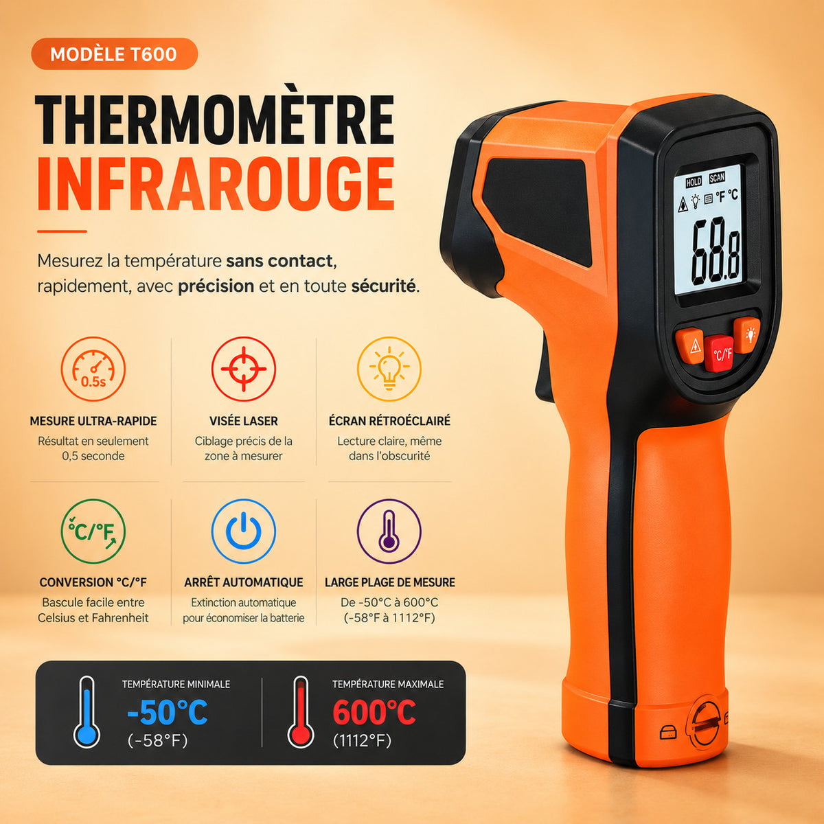 Caractéristiques du thermomètre infrarouge T600 : mesure en 0,5 seconde, visée laser, plage de -50 °C à 600 °C