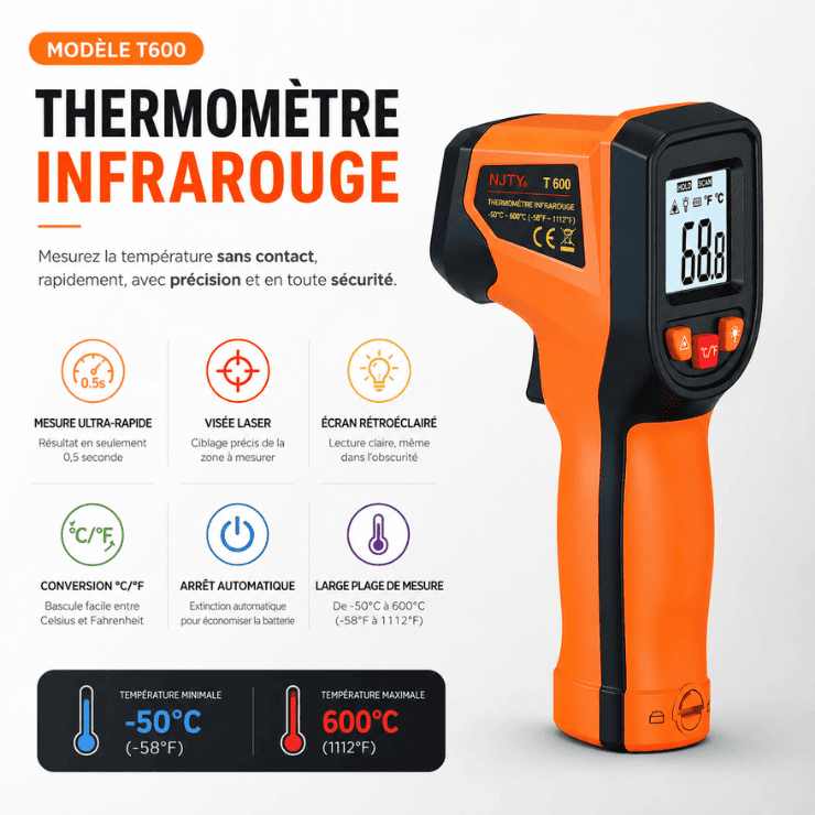 Thermomètre infrarouge sans contact pour four à pizza, vue de profil avec gâchette de mesure